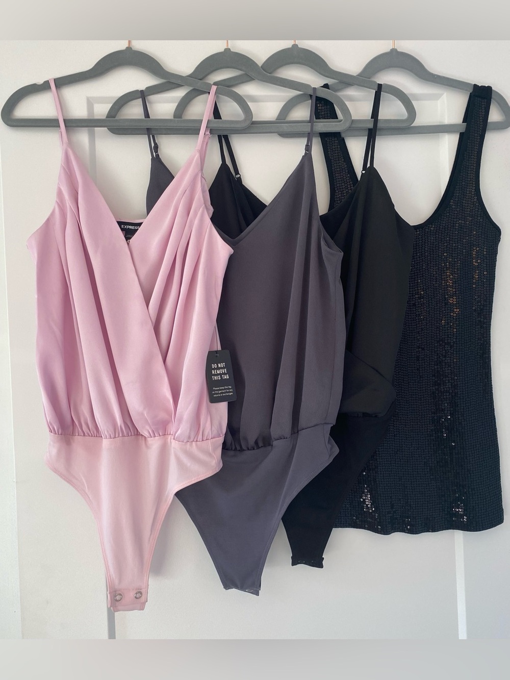 Express Pink Satin Surplice Bodysuit with Adjustable Straps